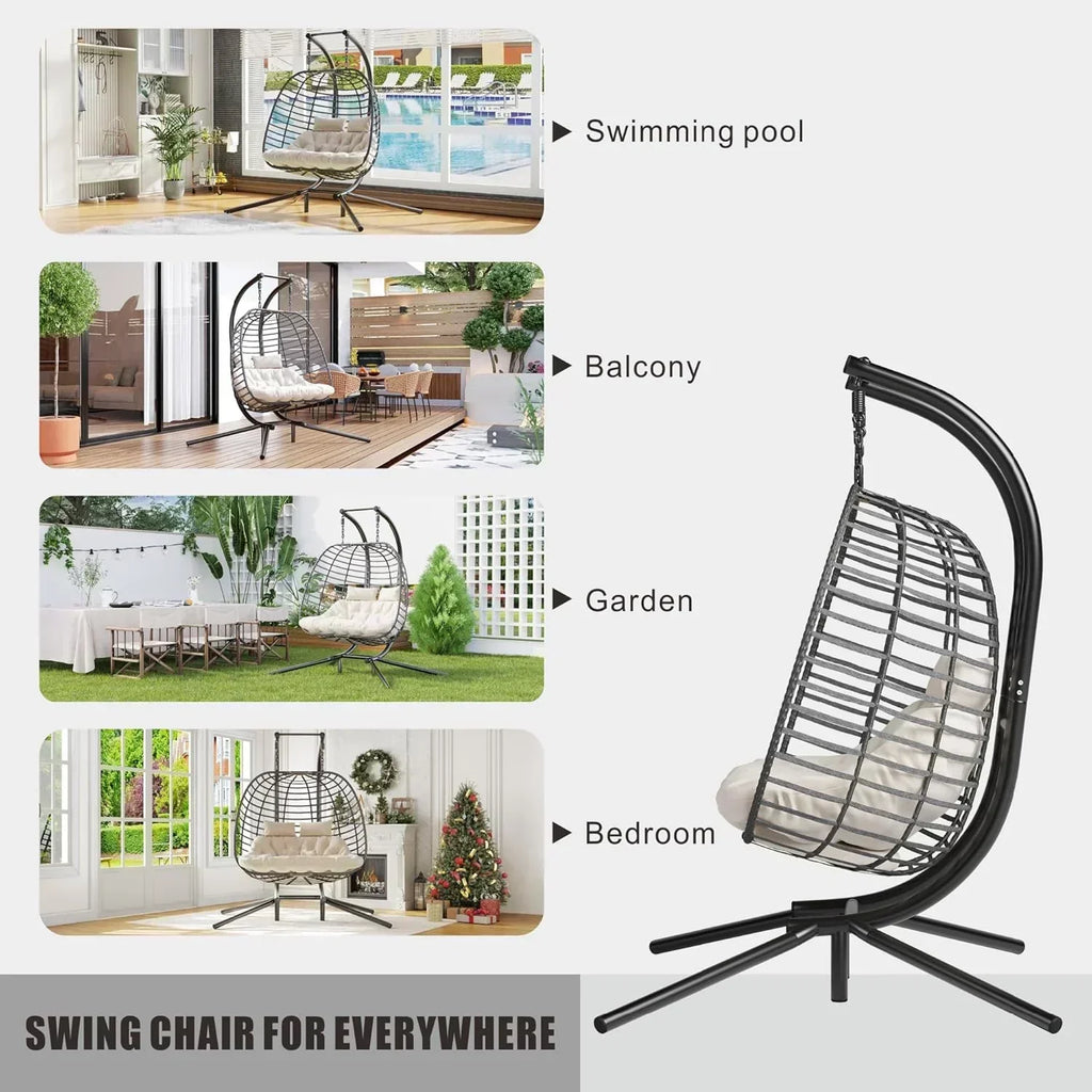 HWB Hanging Egg Chair with Stand Patio Wicker Hammock Egg Swing Chair Cushion for Bedroom