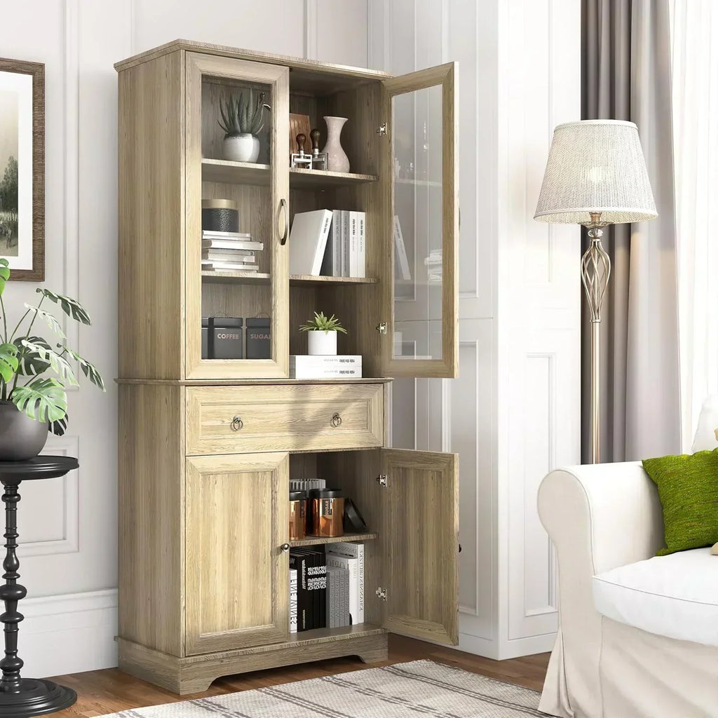 Kitchen Hutch Pantry Cabinet 71 Tall with Glass Doors