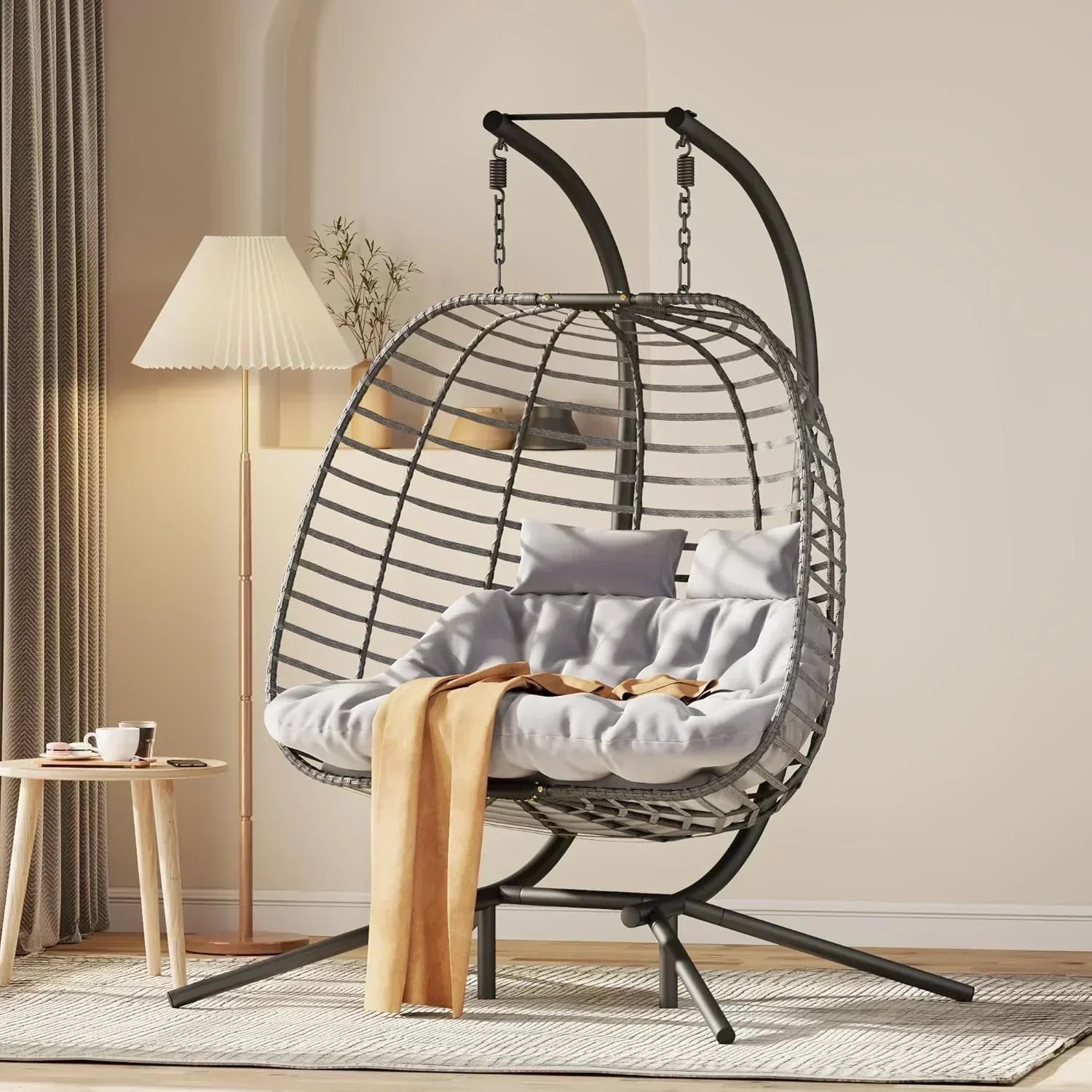 HWB Hanging Egg Chair with Stand Patio Wicker Hammock Egg Swing Chair Cushion for Bedroom