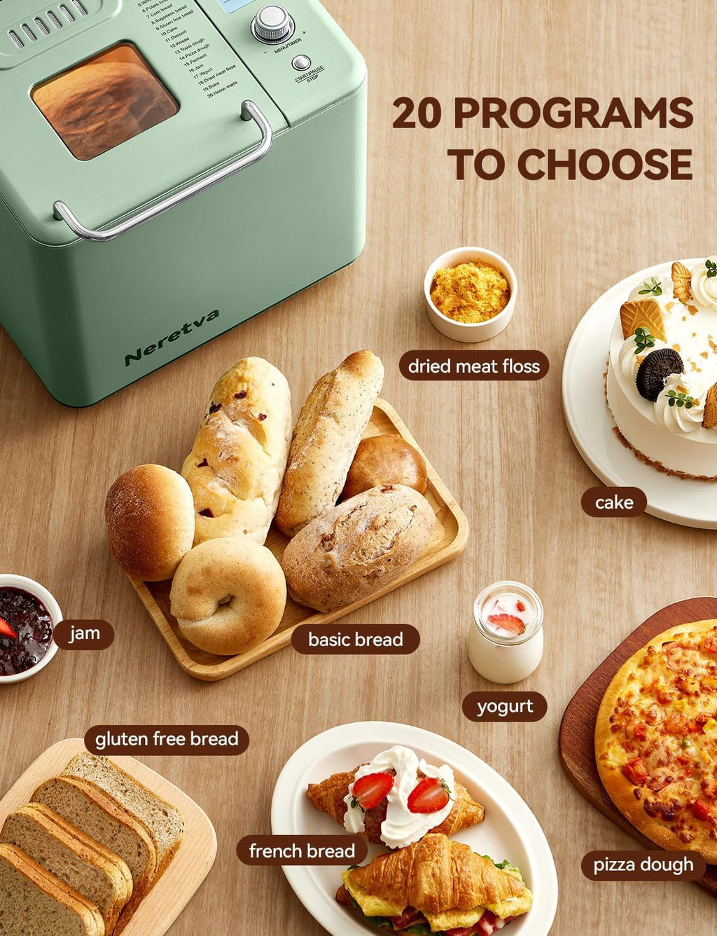 Neretva Bread Maker 20-in-1 2LB Bread Maker Dual Heater Bread Maker Automatic