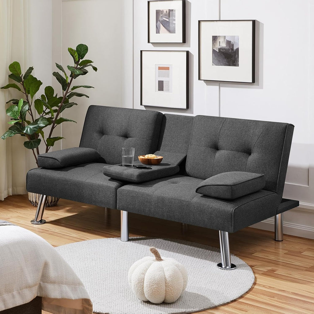Yaheetech Convertible Sofa Bed Adjustable Couch Sleeper Modern Faux Leather Home Recliner Reversible Loveseat Folding Daybed Guest Bed, Removable Armrests, Cup Holders, 3 Angles, 772lb Capacity, Brown