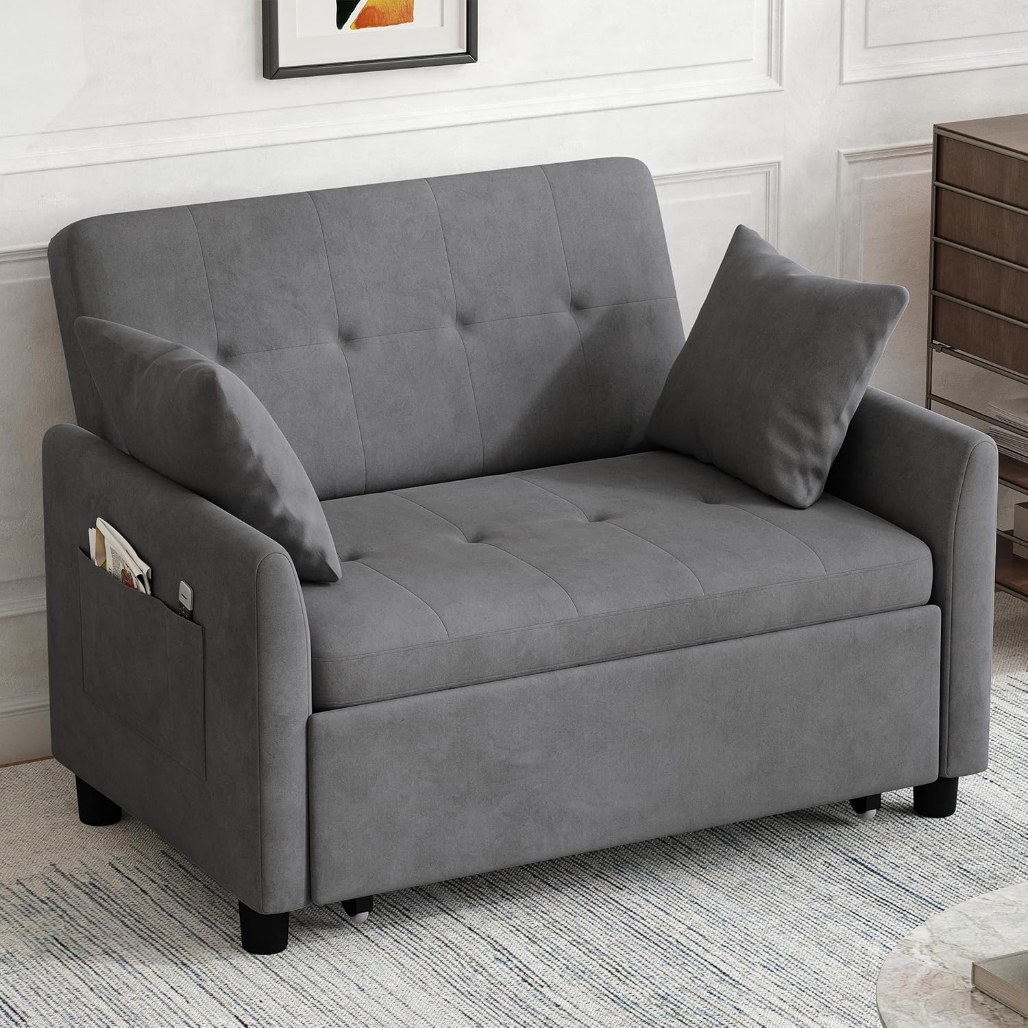 Sleeper Sofa Bed, 3 in 1 Convertible Sleeper Couch Bed Pull Out, Small Loveseat Sofa, Futon Sofa Bed Full Size, 46 Velvet Love Seat