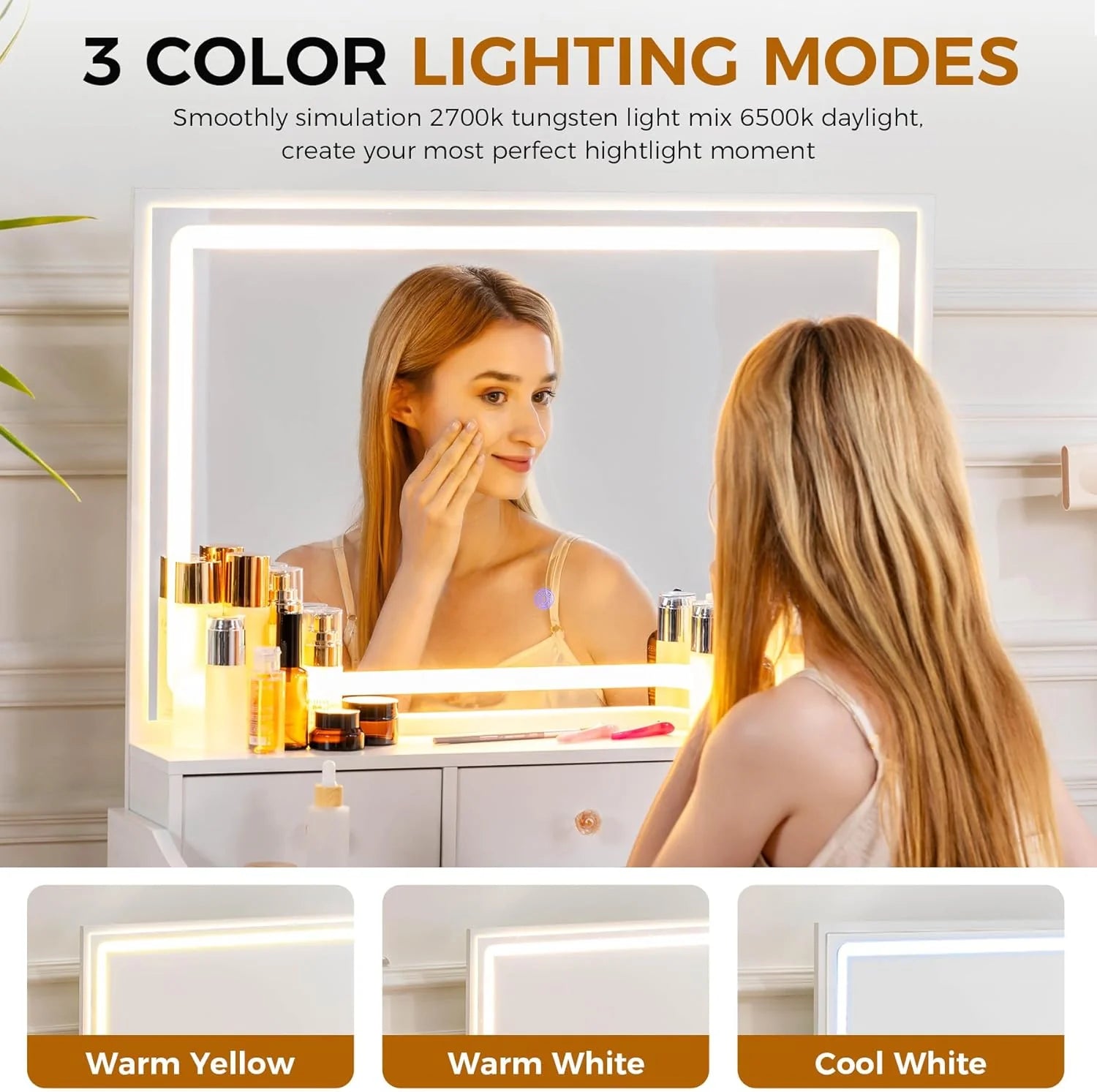 COMHOMA Makeup Vanity Desk with Mirror and Lights, Vanity Table and Chair Set