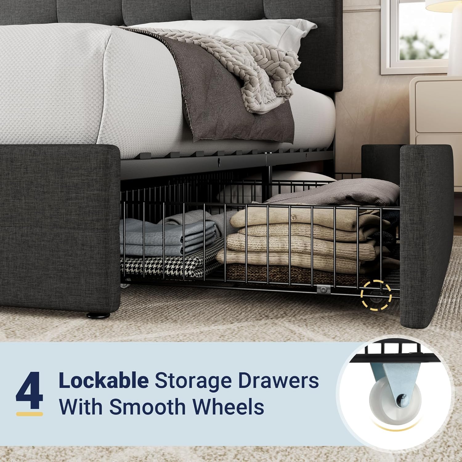 Allewie Upholstered Queen Size Platform Bed Frame with 4 Storage Drawers and Headboard