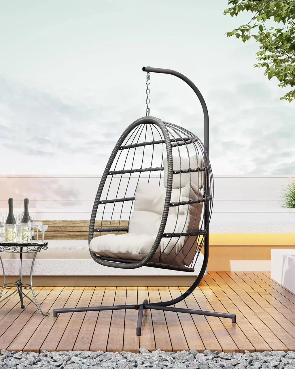 HWB Hanging Egg Chair with Stand Patio Wicker Hammock Egg Swing Chair Cushion for Bedroom