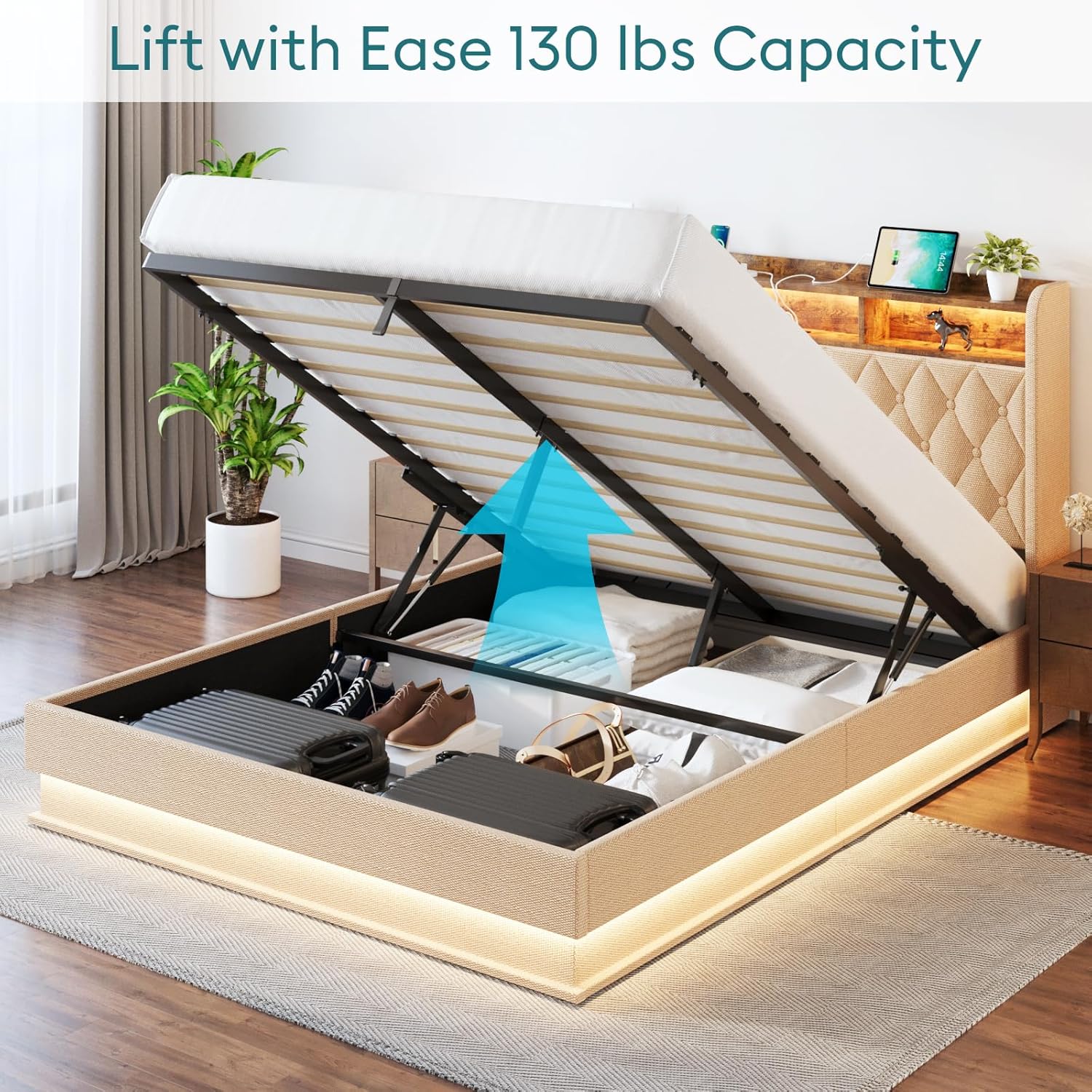 Queen Bed Frame Storage Lift Up Queen Size Bed Frame Headboard Upholstered Platform Bed