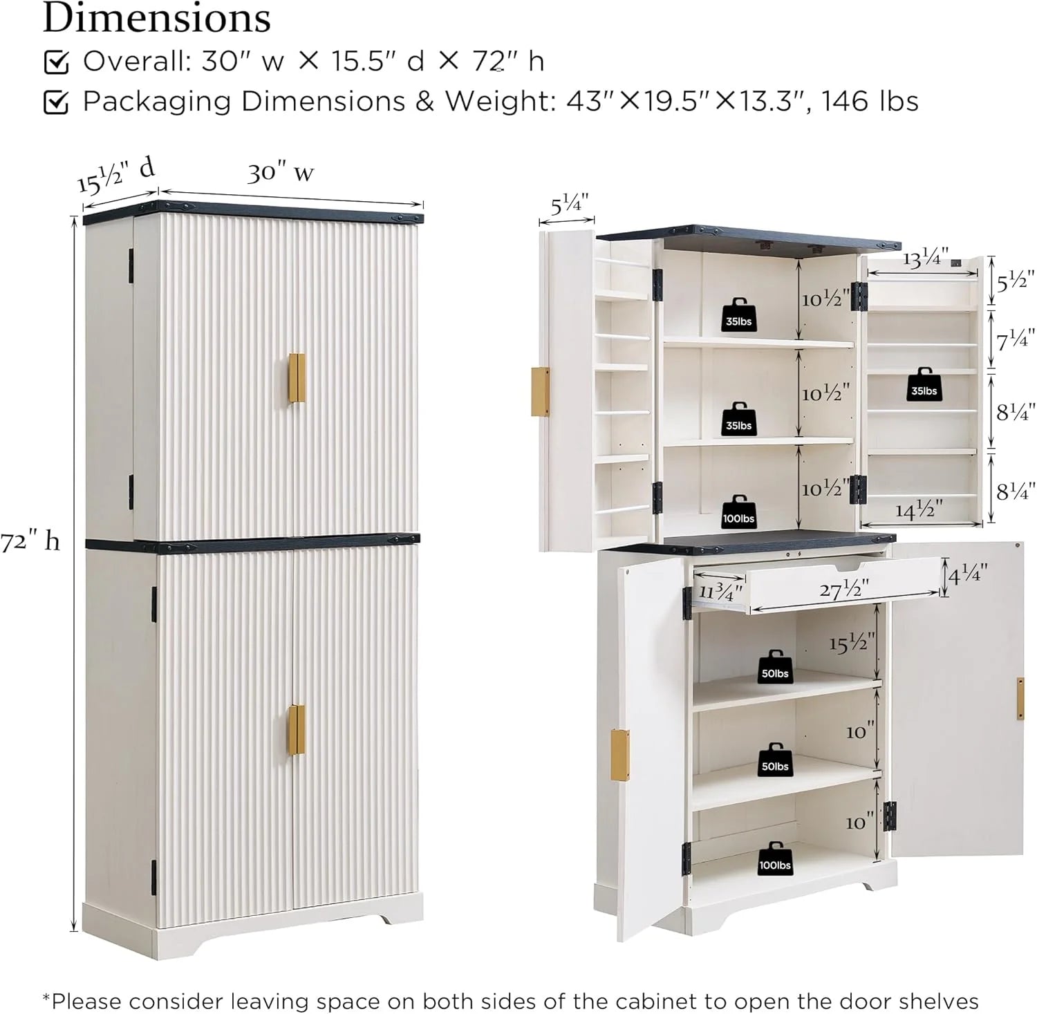 Fluted Pantry Cabinet, 72 Tall Modern Storage Cabinet with 4 Doors, Organizer, Drawer and Adjustable Shelves, Wood Cupboard for Kitchen, Dining Room, Living Room and Bathroom, Natural Oak