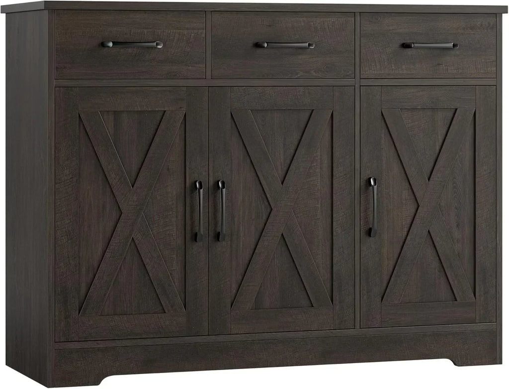 Modern farmhouse sideboard barn door buffet storage cabinet with drawers and shelves