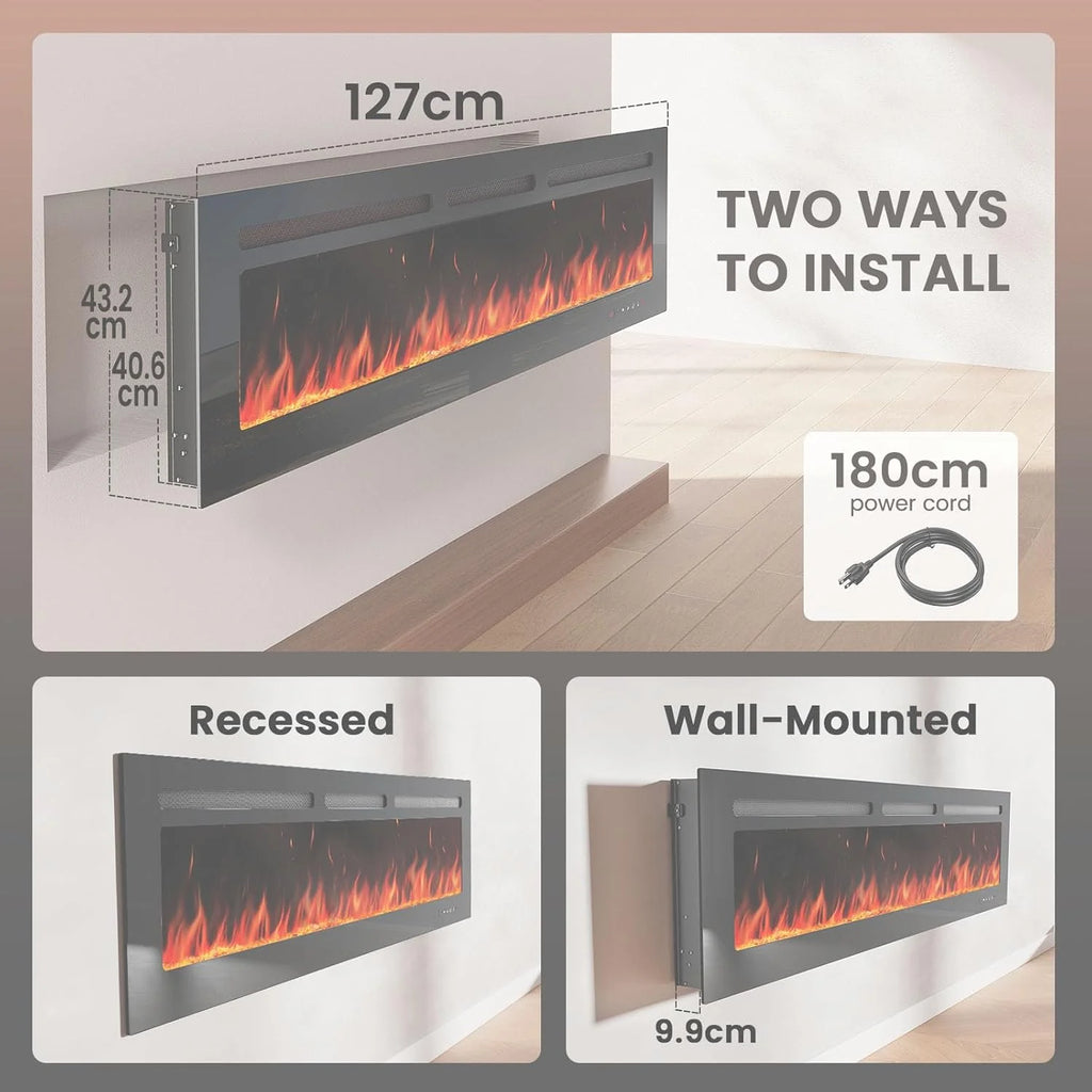 Silonn 50��Smart Electric Fireplace Heater with App & Remote Control, 5300 BTU Heat Output, Ultra-Slim Wall-Mounted or Recessed Electric Fireplace Inserts with Timer, 20 Flame Colors,WiFi Enabled
