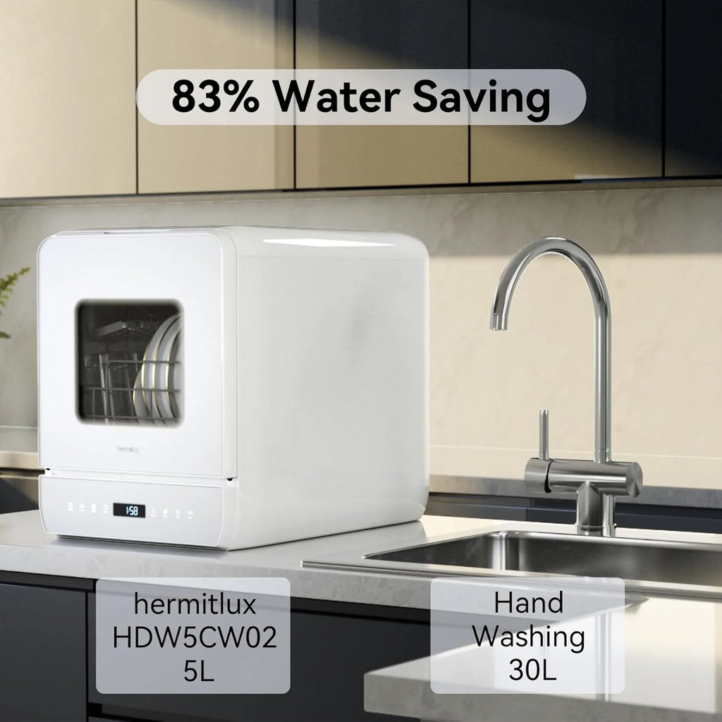 Hermitlux Countertop Dishwasher, 7 Washing Programs Portable Mini Dishwasher with 5-Liter Built-in Water Tank for Apartments & RVs, LED Light, Glass Door, No Hookup Needed