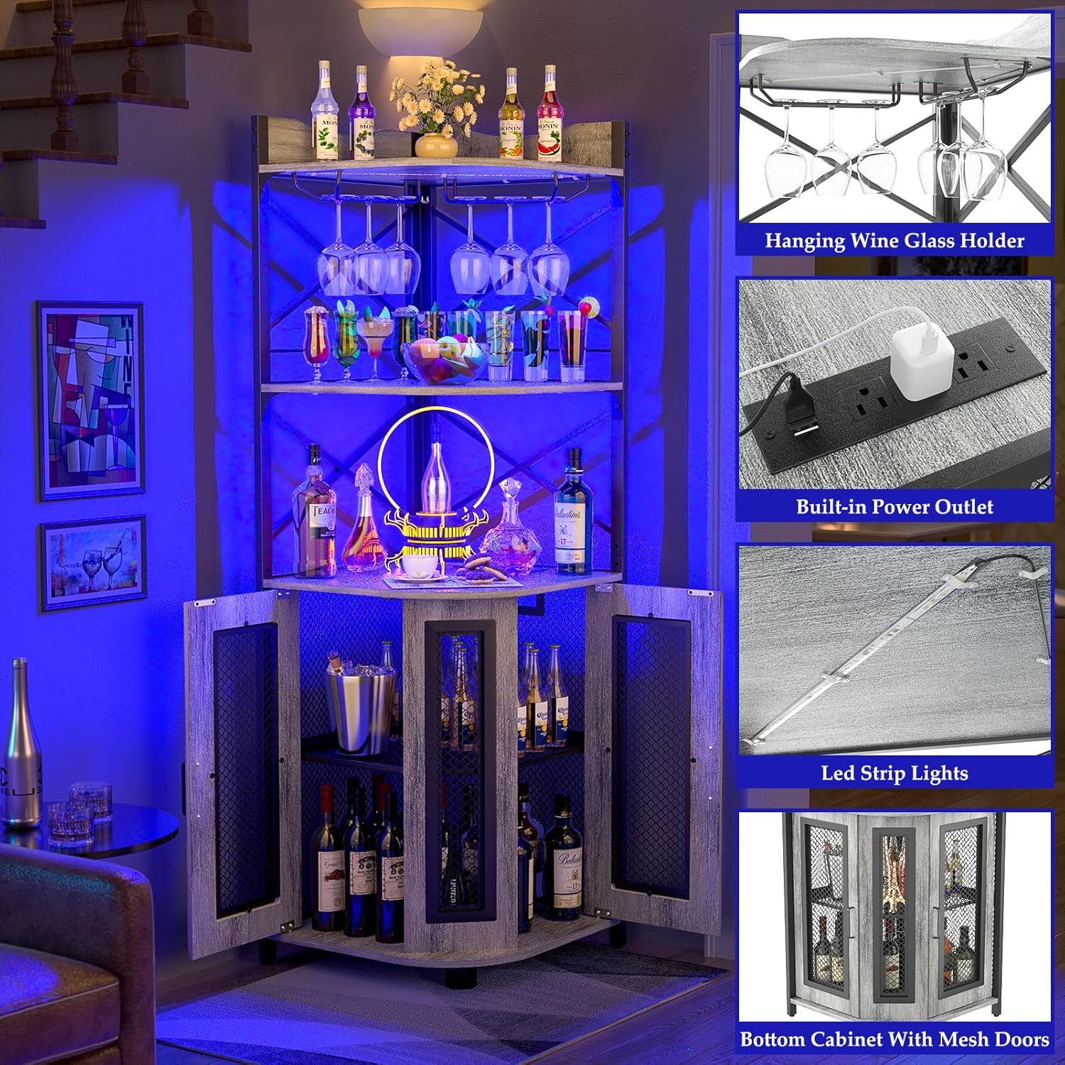 Corner bar cabinet with power socket industrial style wine cabinet light strip and glass rack