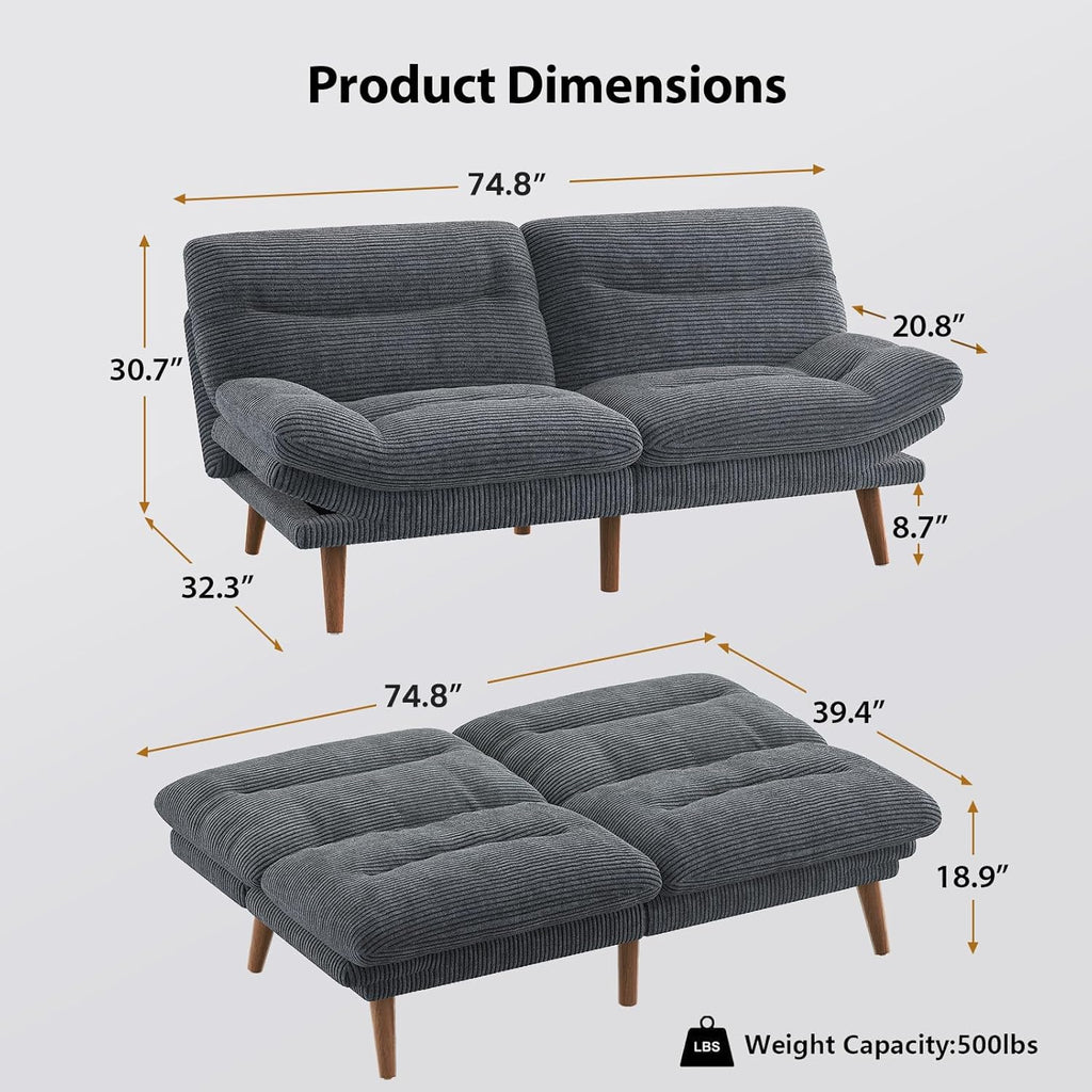 Convertible Futon Sofa Bed, 66 Inch Corduroy Futon Sofa Recliner Sofa Bed for Small Spaces, Playrooms or Offices