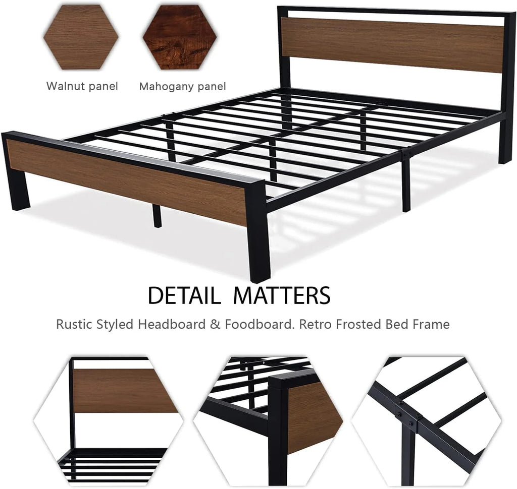 SHA CERLIN 14 Inch Queen Size Metal Platform Bed Frame with Wooden Headboard and Footboard