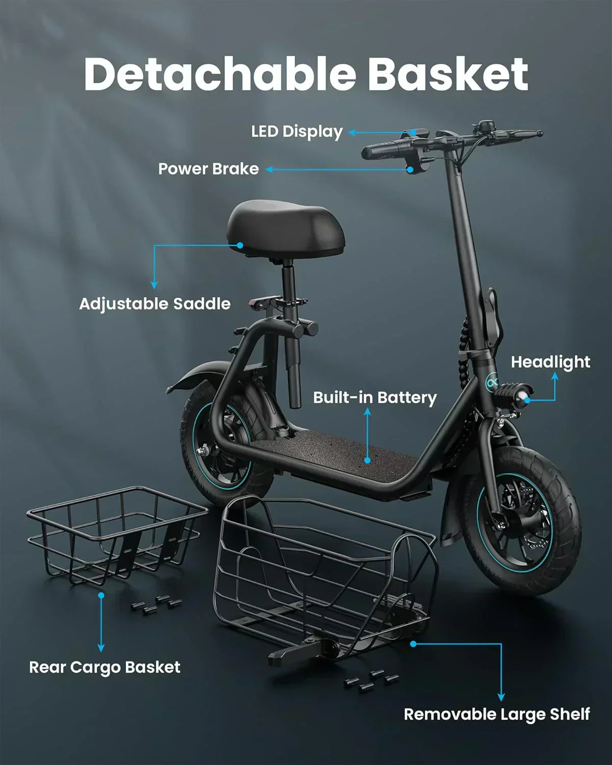 Gyroor Adult Electric Scooter with Large Center Basket 20 Mile Range Foldable and Seat