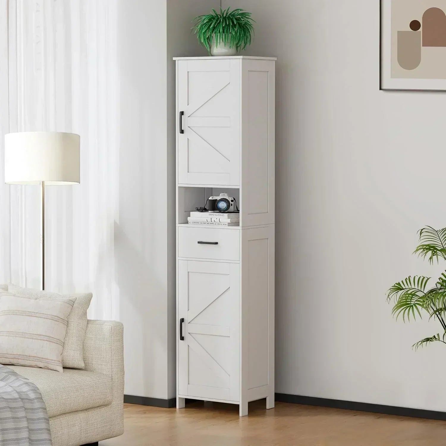Homhedy 67 H Tall Bathroom Storage Cabinet with 2 Barn Doors and 1 Drawer Narrow Storage Unit