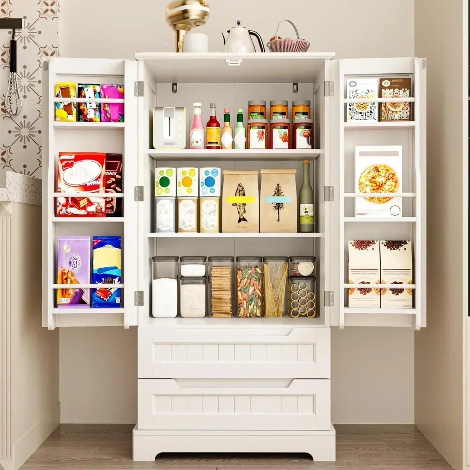 Gizoon Kitchen Pantry Cabinet with Drawers Freestanding Bathroom Storage Cabinet with Doors