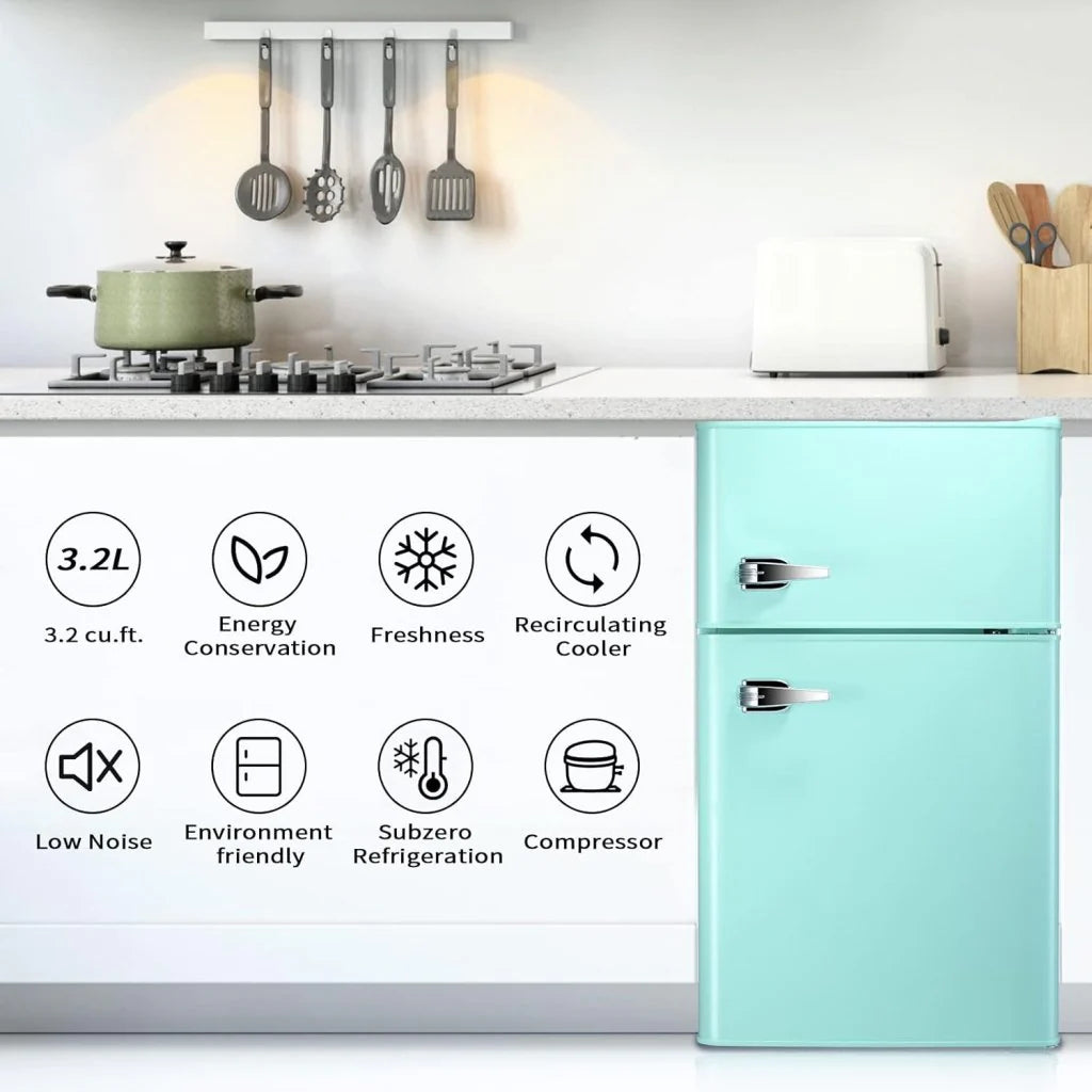 Antarctic Star Compact Mini Refrigerator Separate Freezer, Small Fridge Double 2-Door Adjustable Removable Retro Stainless Steel Shelves Living room/Kitchen/Dorm/Office 3.2 cu ft.Green