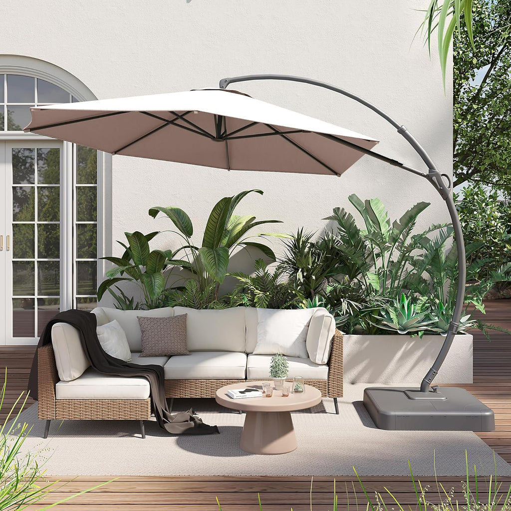 LAUSAINT HOME Outdoor Patio Umbrella with Base included, 11 FT Deluxe Curvy Cantilever Umbrella Heavy Duty Offset Hanging Umbrella with 360° Rotation for Market, Pool, Garden, Backyard, Deck (Beige)