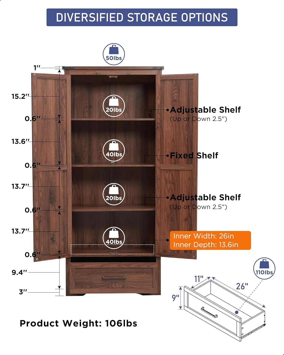 JXQTLINGMU Farmhouse Kitchen Pantry - 72 Tall Wood Kitchen Storage Cabinet with Adjustable Shelves and 2 Barn-Style Doors and Drawers