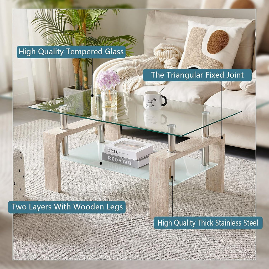 Living Room Rectangle Coffee Table, Tea Table Suitable for Waiting Room, Modern Side Coffee Table with Wooden Leg, Glass Tabletop