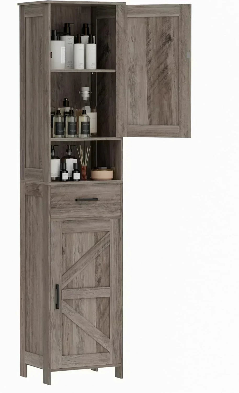 Homhedy 67 H Tall Bathroom Storage Cabinet with 2 Barn Doors and 1 Drawer Narrow Storage Unit