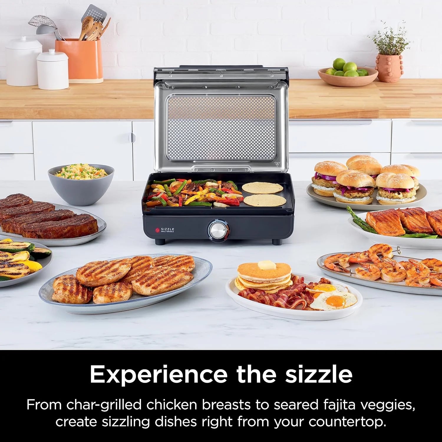 Ninja Griddle and Indoor Grill, 14��? Electric Grill, For Steak, Burgers, Salmon, Veggies, and More, Pancake Griddle, Nonstick, Dishwasher Safe, 500F, Even Cooking, Silver, GR101