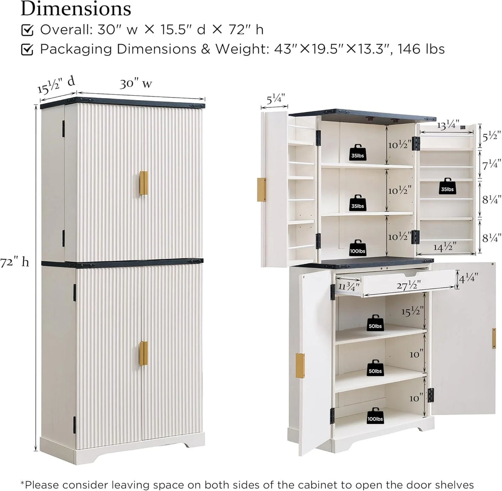 Fluted Pantry Cabinet, 72 Tall Modern Storage Cabinet with 4 Doors, Organizer, Drawer and Adjustable Shelves, Wood Cupboard