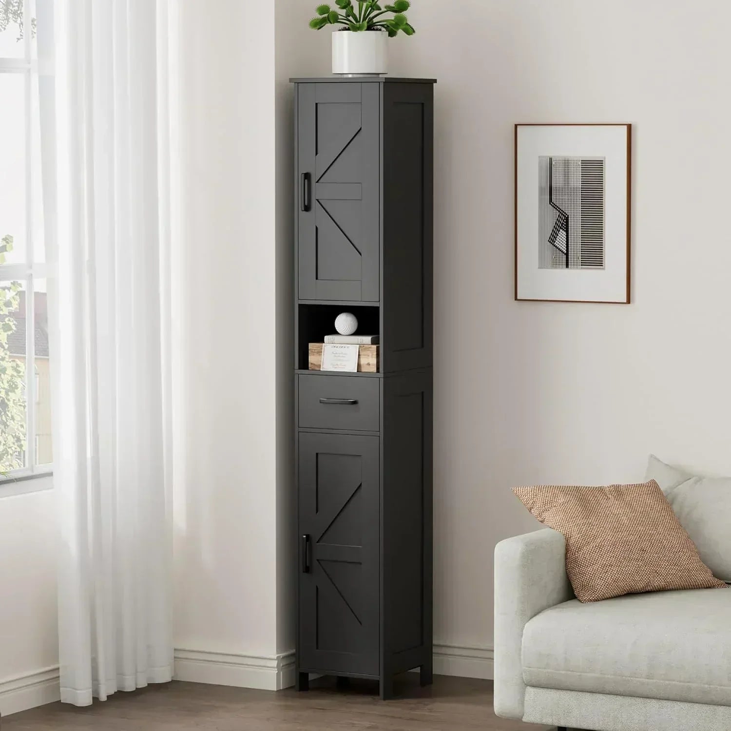 Homhedy 67 H Tall Bathroom Storage Cabinet with 2 Barn Doors and 1 Drawer Narrow Storage Unit