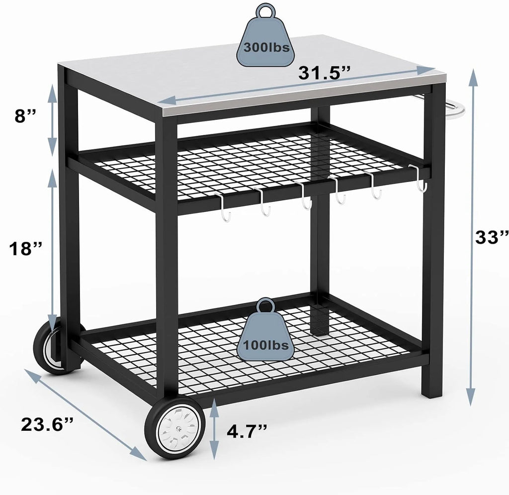 Stainless Steel Outdoor Grill Cart Pizza Oven Stand Trolley Table with Wheels Three-Shelf Movable Food Prep and Work Table Heavy Duty Grill Carts Outdoor Cart 31.5×24×35.5