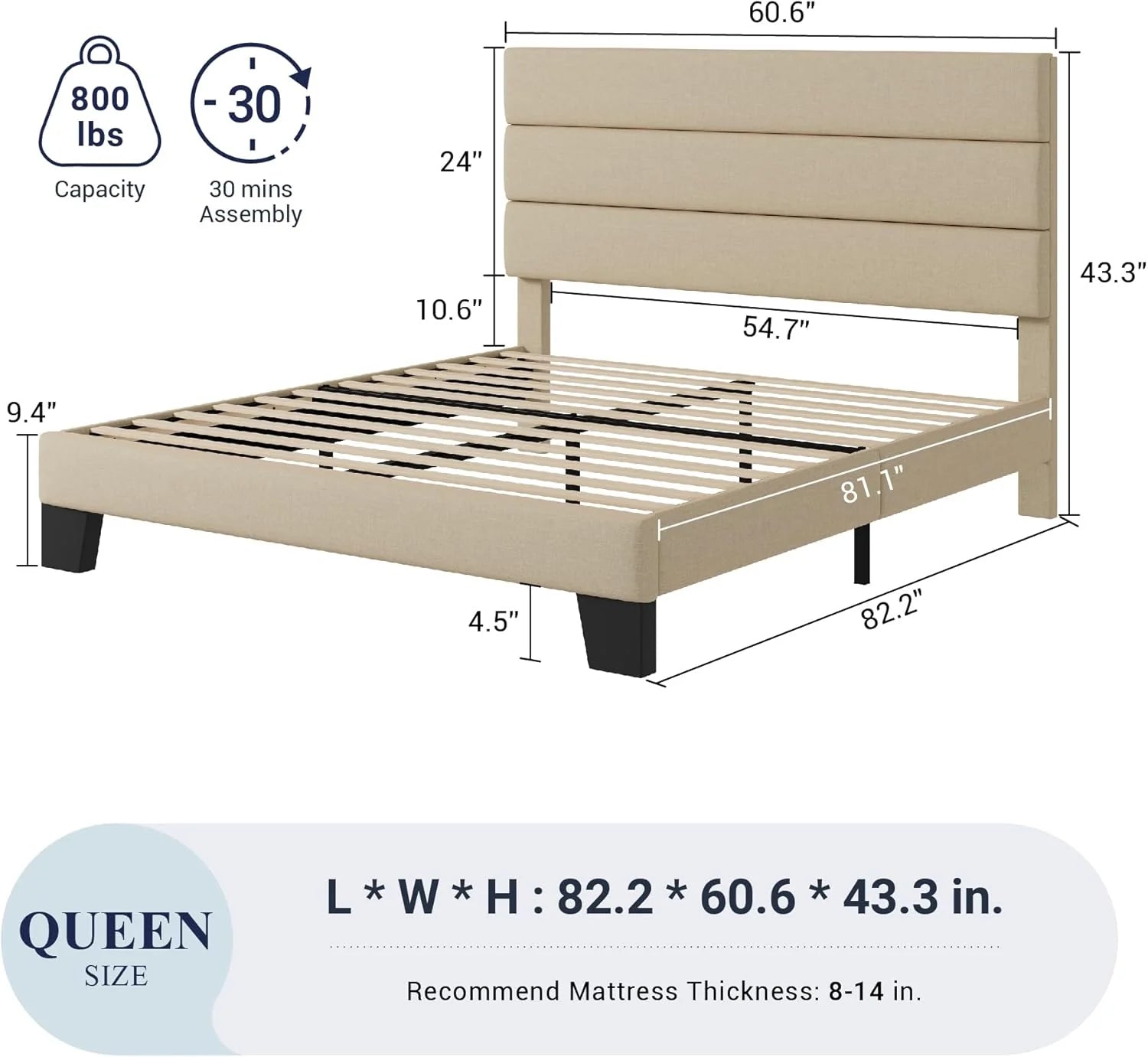 Allewie Queen Size Platform Bed Frame Fabric Upholstered Headboard Wooden Slats Support