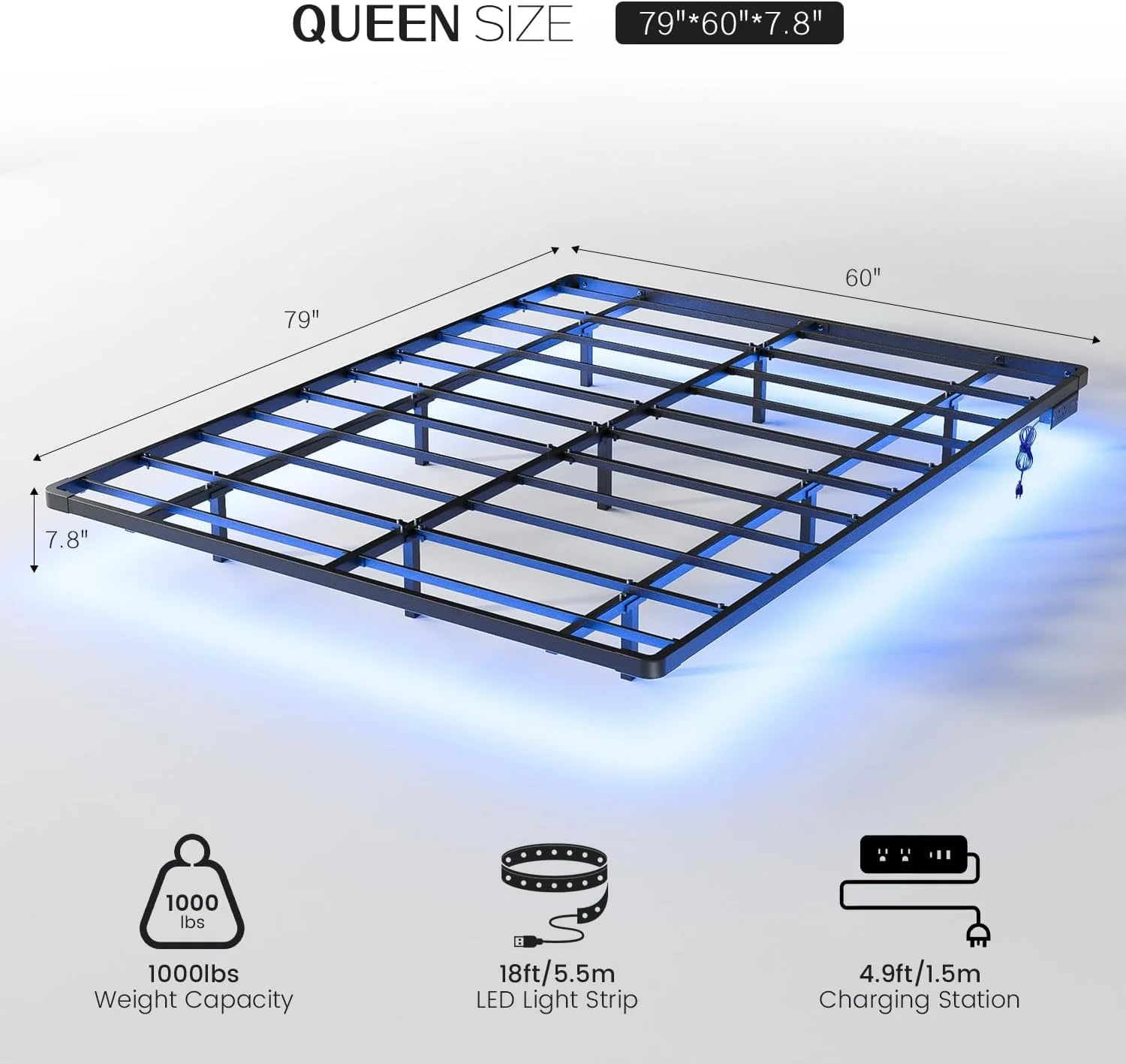 OLEVS Floating Bed Frame Queen Size with Smart LED Lights Modern Metal Platform Bed