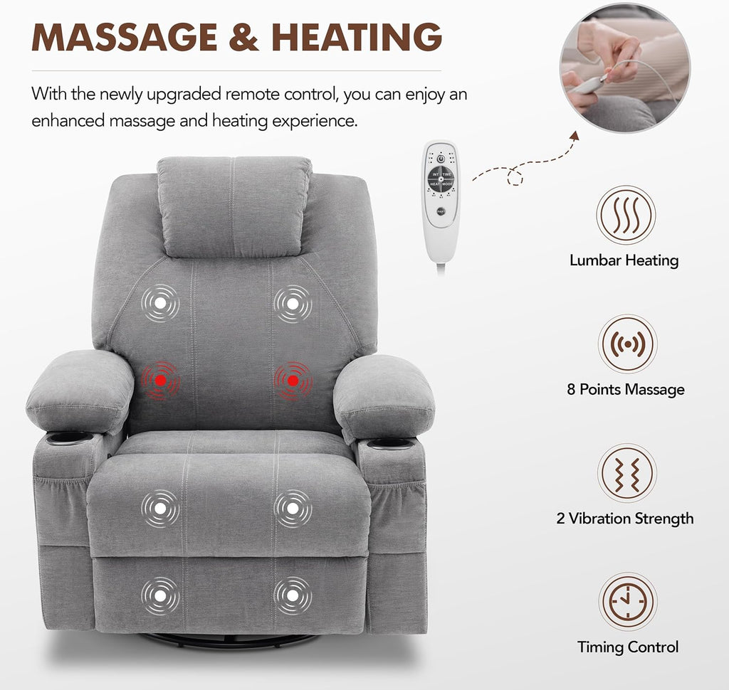 Large Swivel Rocking Recliner with Heating and Massage Function, 360 Degree Swivel Rocking Single Sofa