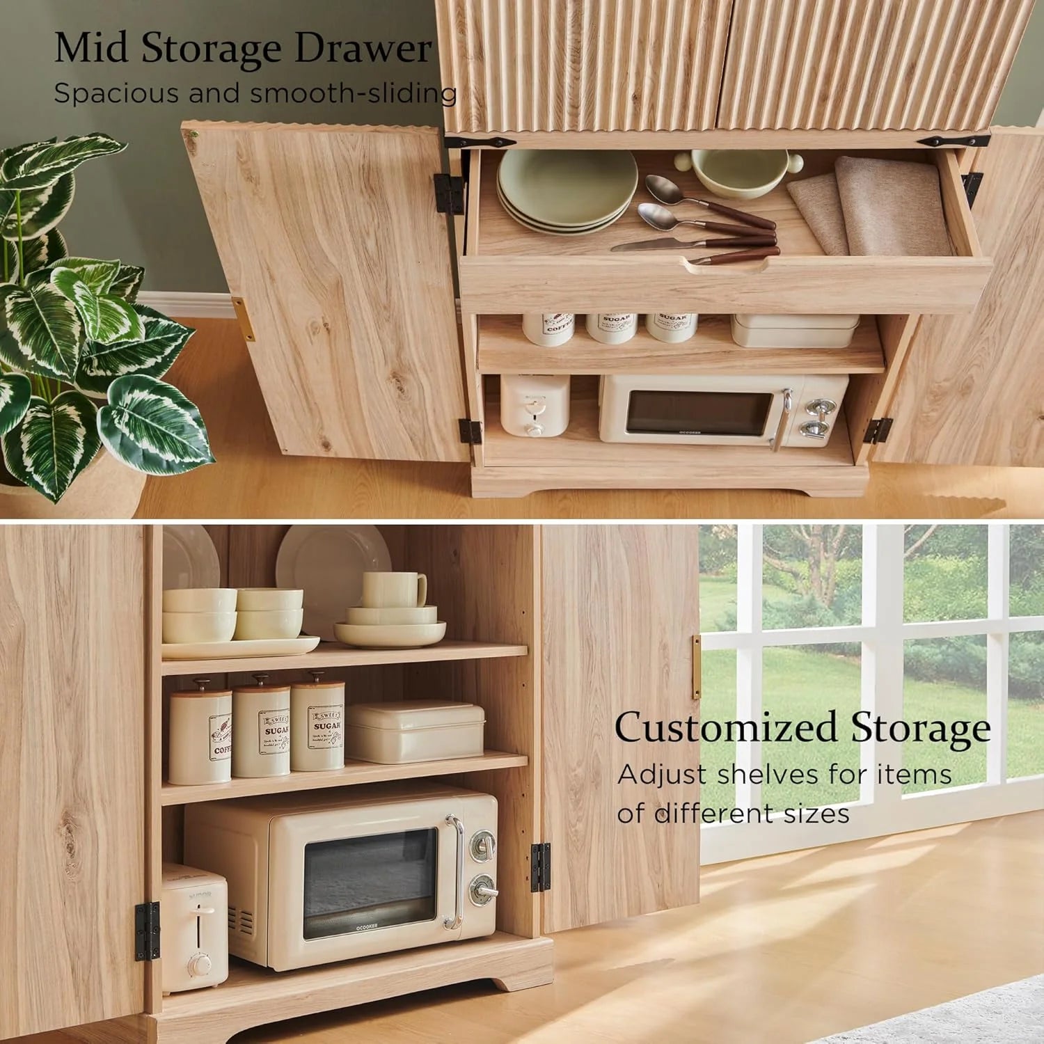 Fluted Pantry Cabinet, 72 Tall Modern Storage Cabinet with 4 Doors, Organizer, Drawer and Adjustable Shelves, Wood Cupboard for Kitchen, Dining Room, Living Room and Bathroom, Natural Oak