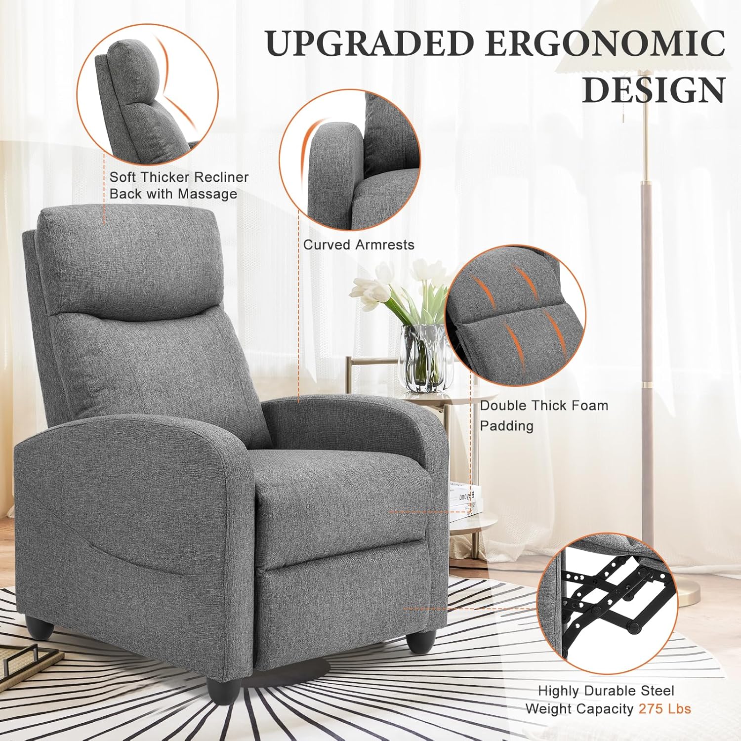 Sweetcrispy Massage Recliner Chair for Adults, Adjustable Home Theater Seating with Lumbar Support for Living Room, Modern Fabric Reclining, Pure Black