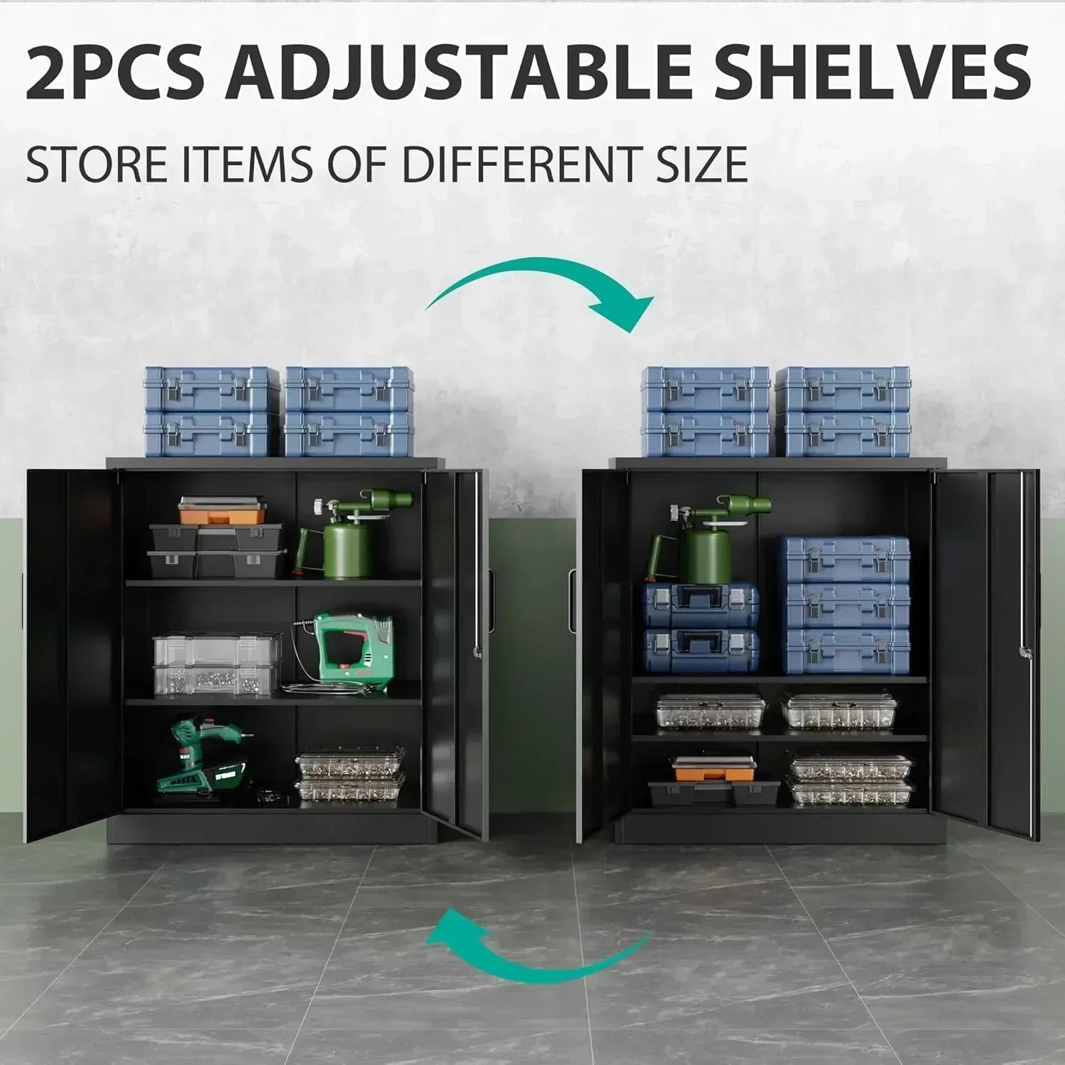 Metal Storage Cabinet with 2 Doors and 6 Shelves Black Metal Cabinet Garage Storage Cabinet