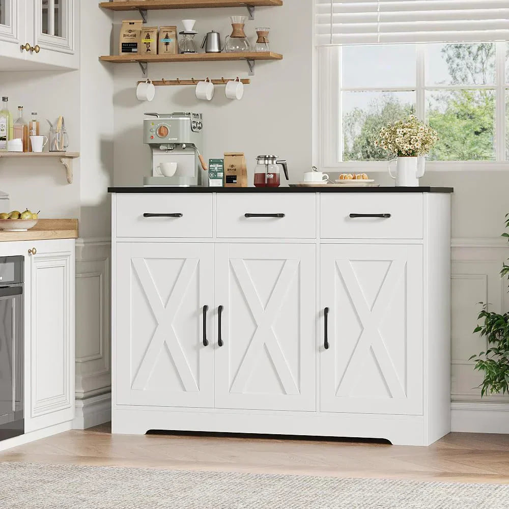 Modern farmhouse sideboard barn door buffet storage cabinet with drawers and shelves