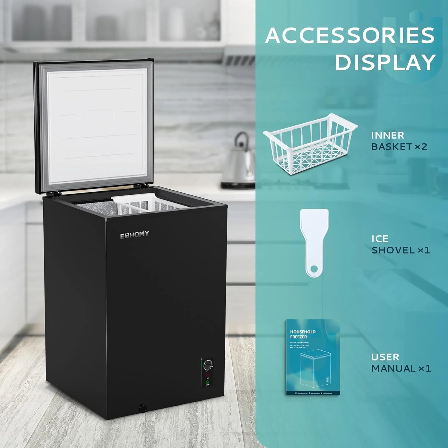 EUHOMY 3.5 Cu.Ft Chest Freezer with Wheels, Small Deep Freezer Adjustable 7 Thermostat