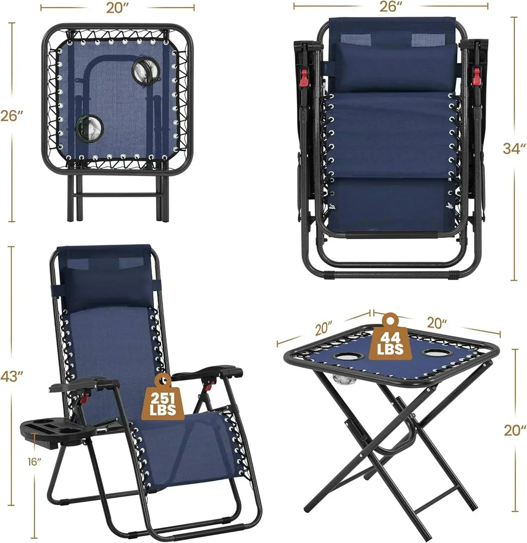 3PCS Zero Gravity Recliner Portable Outdoor Reclining Chair Set Side Table Lounge Chairs