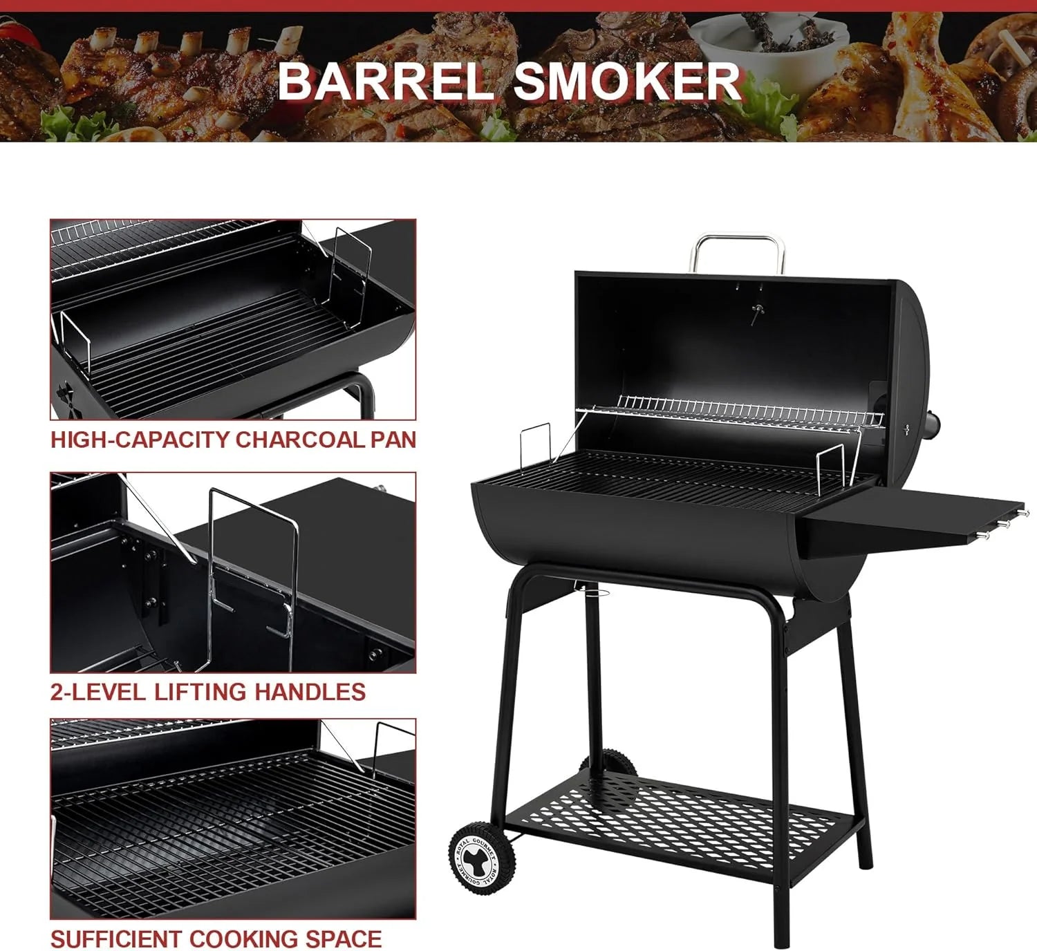 Royal Gourmet CC1830 30 Barrel Charcoal Grill with Heating Rack, Outdoor Grill, 627 Sqm