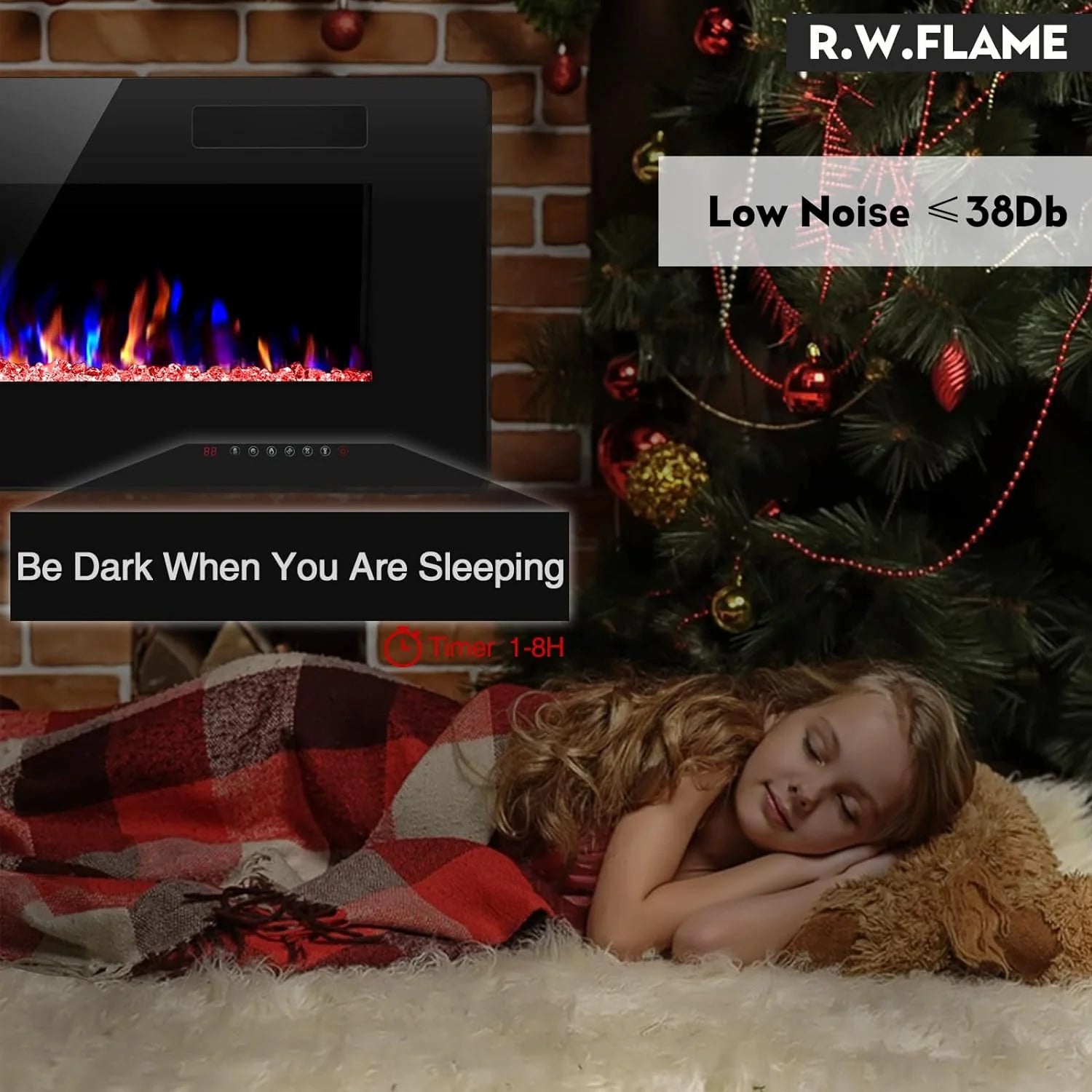 R.W.FLAME 60 Recessed and Wall Mounted Electric Fireplace, Low Noise, Fit for 2 x 6 Stud, Remote Control with Timer, Touch Screen, Adjustable Flame Color and Speed, 750-1500W