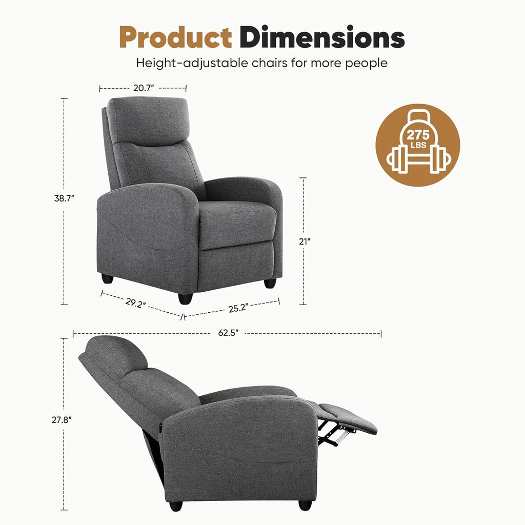 DUMOS Recliner Chair for Adults, Massage Reclining Chair for Living Room, Adjustable Home Theater Seating Single Sofa with Padded Seat Backrest and Footrest, Linen, Grey