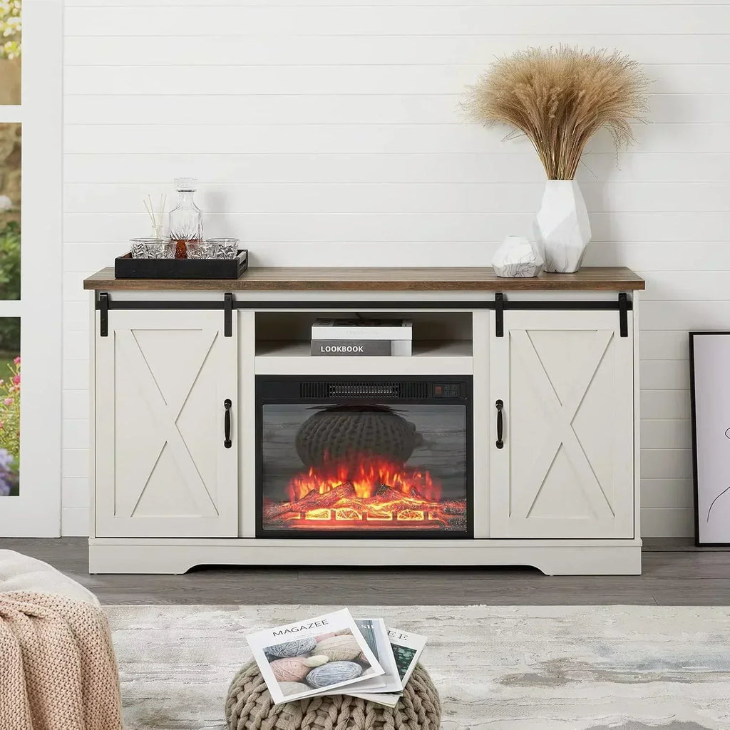 AMERLIFE Fireplace TV Stand with Sliding Barn Door  Farmhouse 63 Fireplace Entertainment Center