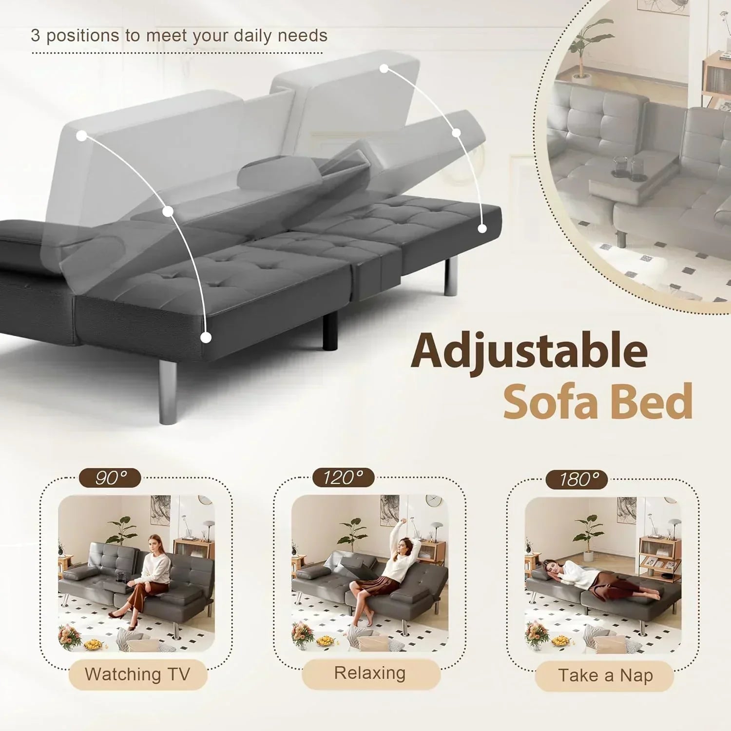 Shahoo Convertible Folding Futon Sofa Bed Sleeper Couch for Living Room Faux Leather