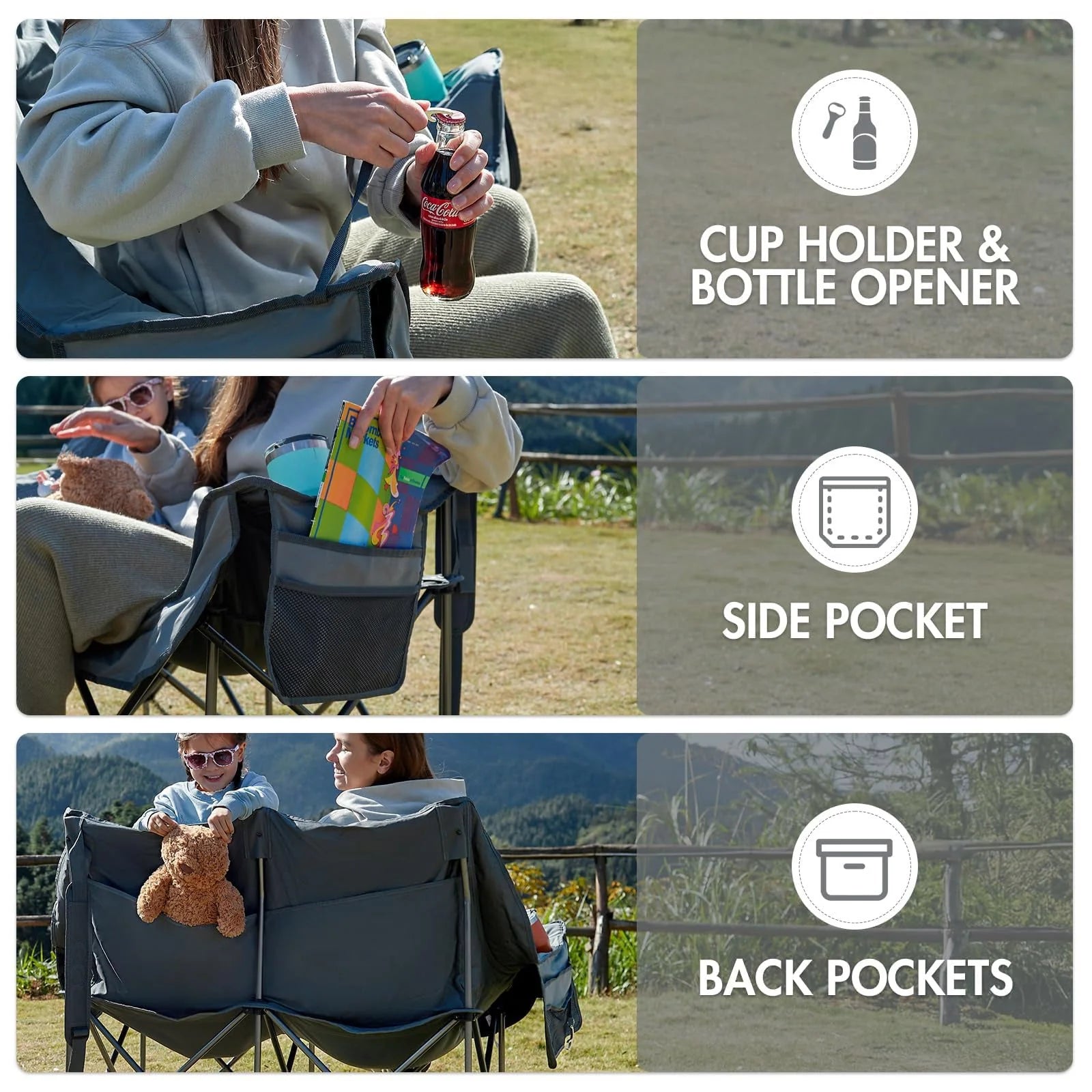 Double Camping Chair for Two Adults Folding Padded Loveseat with Cup Holders and Carry Bag 600 lbs