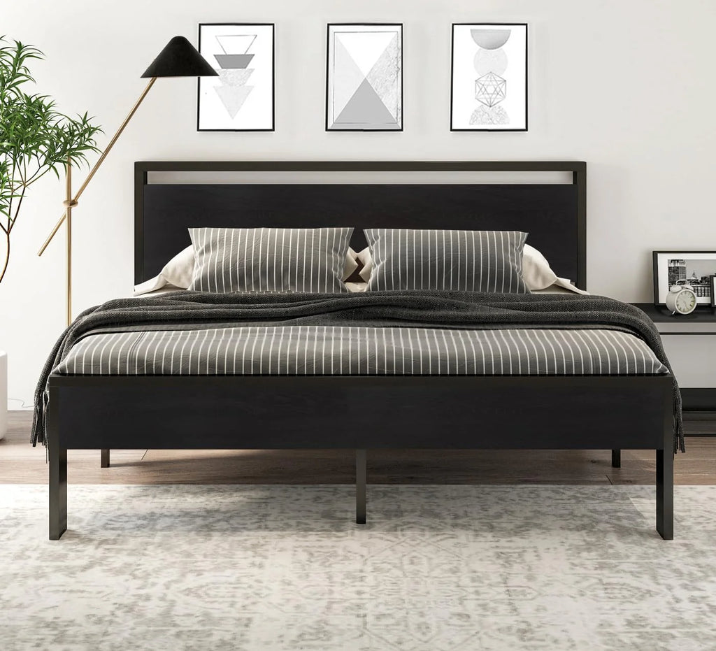 SHA CERLIN 14 Inch Queen Size Metal Platform Bed Frame with Wooden Headboard and Footboard