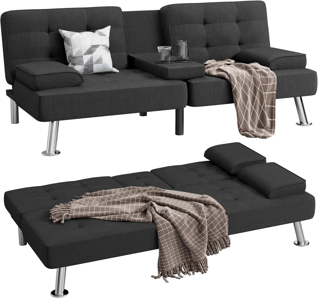 Shahoo Modern Linen Upholstered Convertible Folding Futon Sofa Bed with Removable Armrests