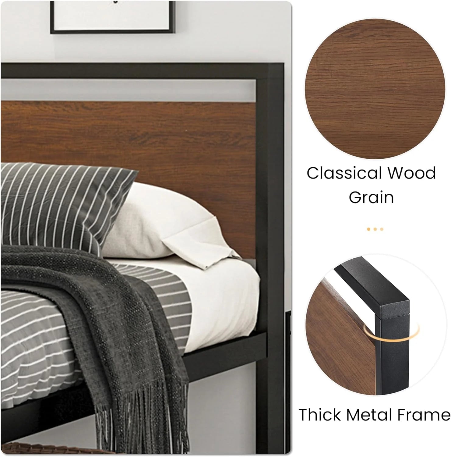 SHA CERLIN 14 Inch Queen Size Metal Platform Bed Frame with Wooden Headboard and Footboard