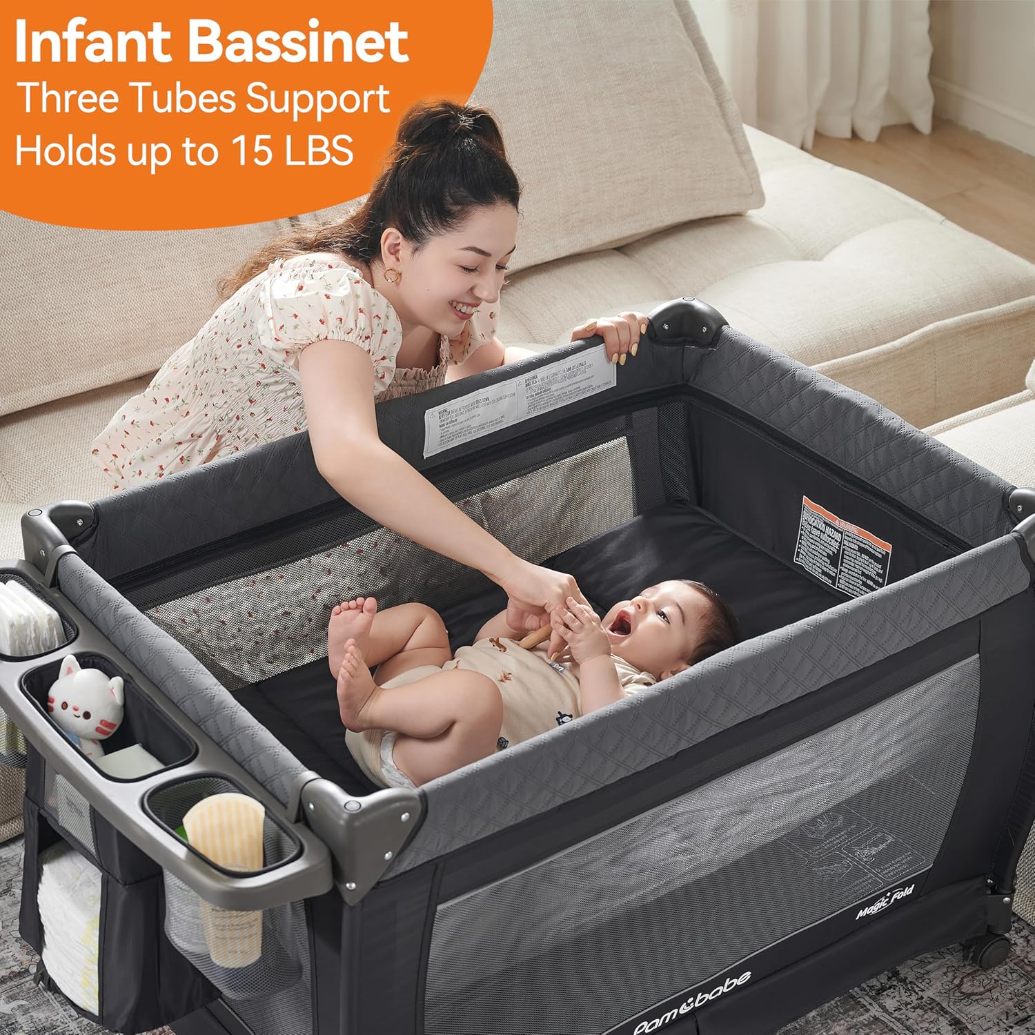 Pamo Babe Baby Playpen - Heavy-duty steel frame provides a safe sleeping space and portable crib