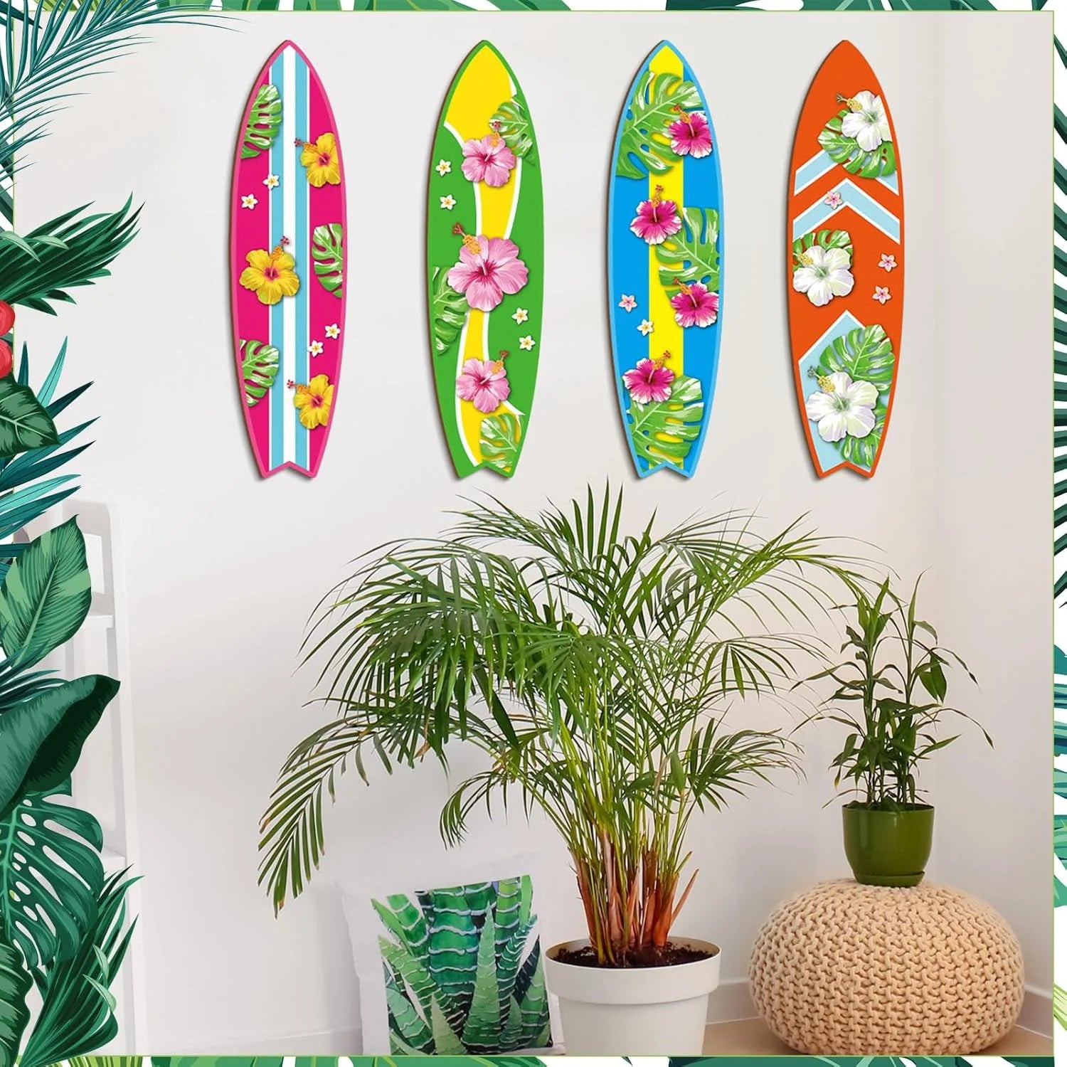 Blulu 4 Pcs Surfboard Wall Decor Surfboard Wall Hanging Sign Wooden Beach Decoration Summer Theme Decor Hawaiian Luau Party Decoration for Home Bar Aloha Tropical Birthday Party(Tiki)