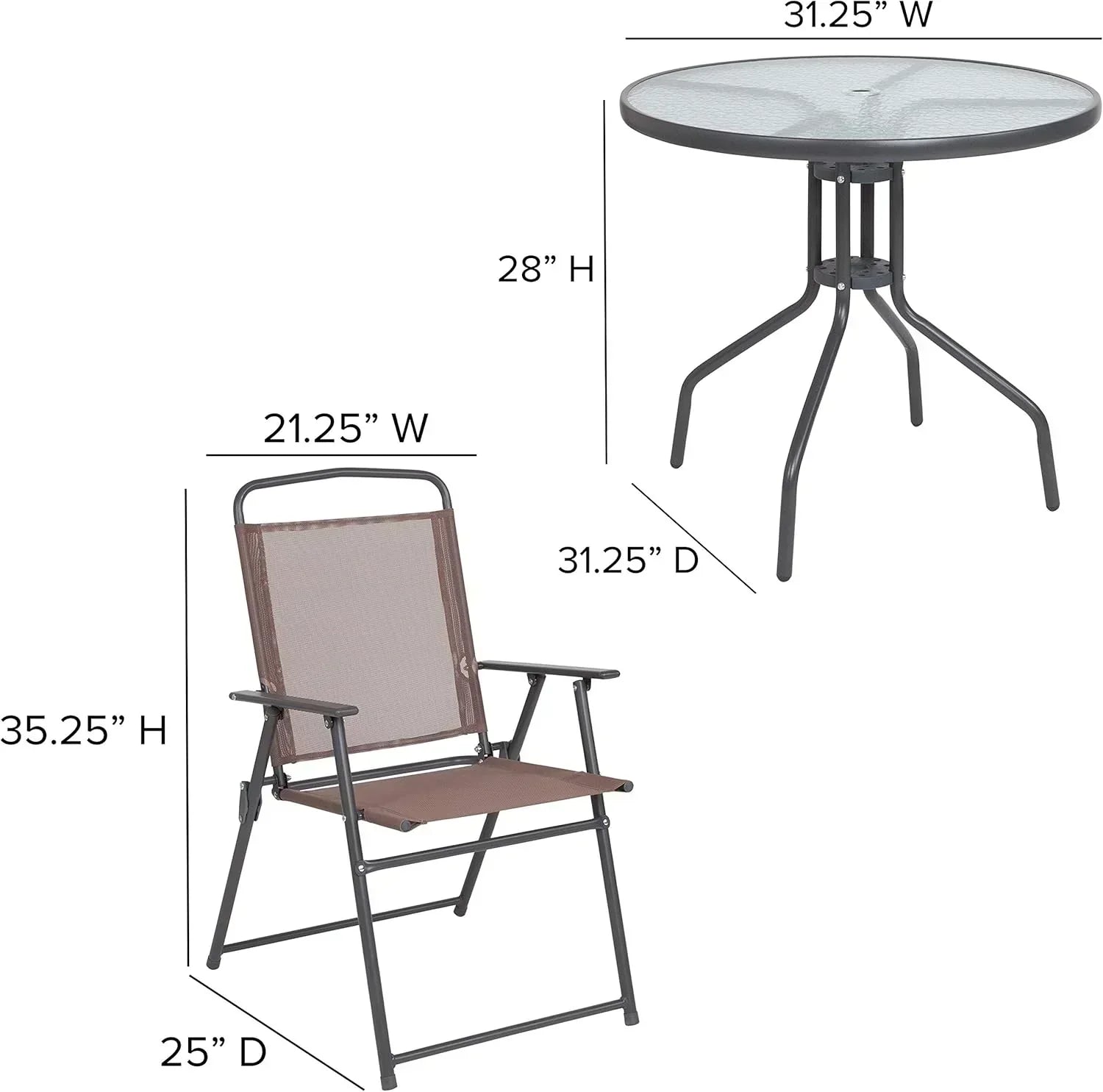 EMMA + OLIVER 6 Piece Brown Patio Garden Set with Umbrella Table Set of 4 Folding Chairs